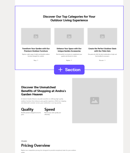 Website wireframe for Andra's Garden Heaven. Designed by SCM Design Studio.
