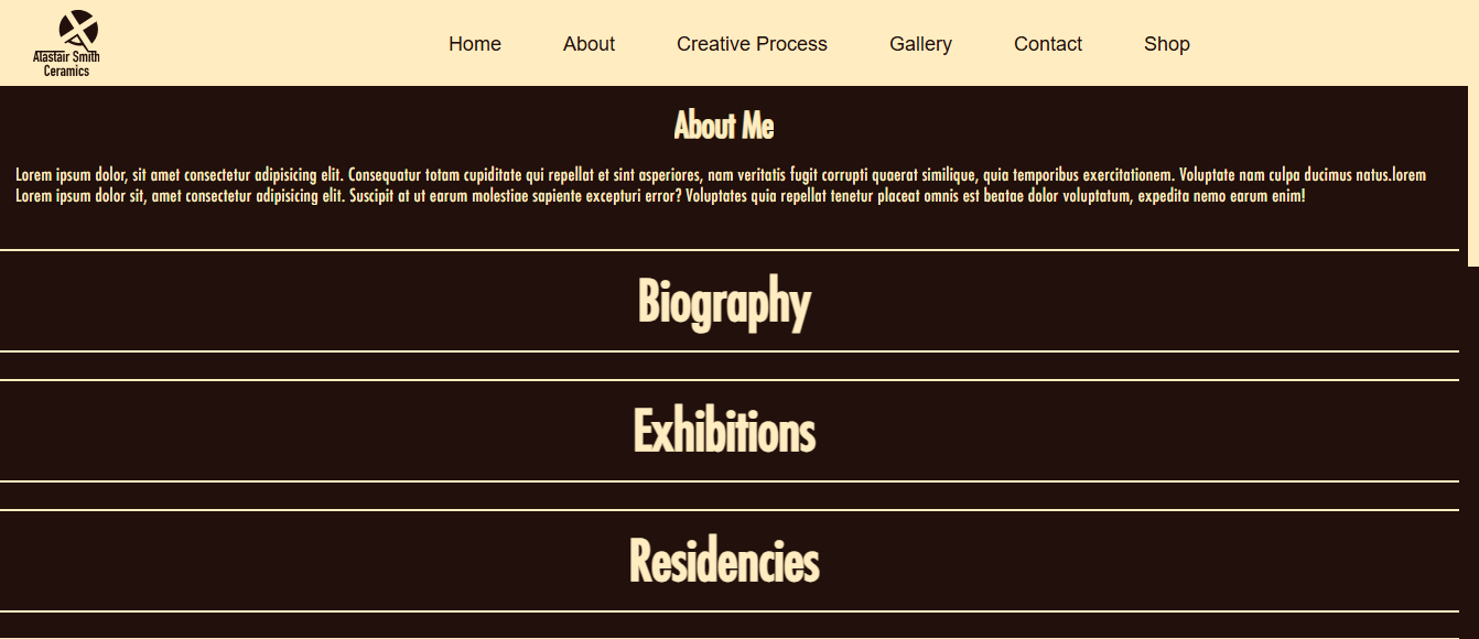 About page design by SCM Design Studio for their client Alastair Smith Ceramics. 2024.